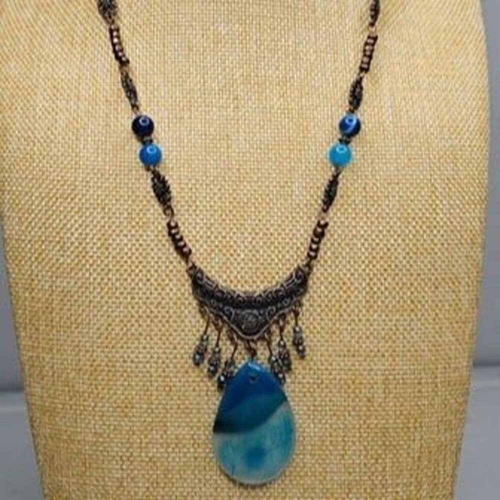 Blue Agate 2"L Pendant Brass Gold Facet Cat's Eyes Bead Necklace 22.5"L